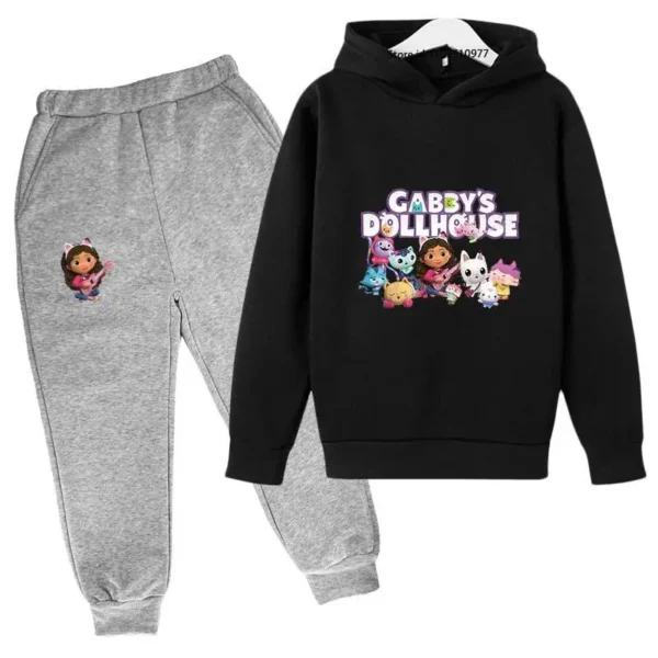 Gabby's Dollhouse kids tracksuit with colourful cartoon print hoodie and matching jogger pants for boys and girls ages 3-13.