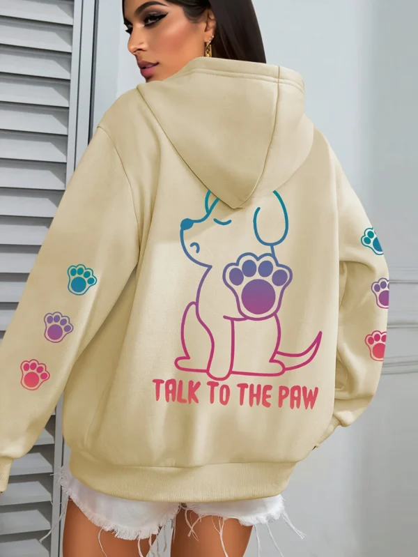 Grey fleece pullover hoodie for women with funny 'Talks To The Paw' dog print.