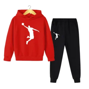 Kids unisex casual tracksuit set with printed hoodie and matching pants for autumn and spring wear.