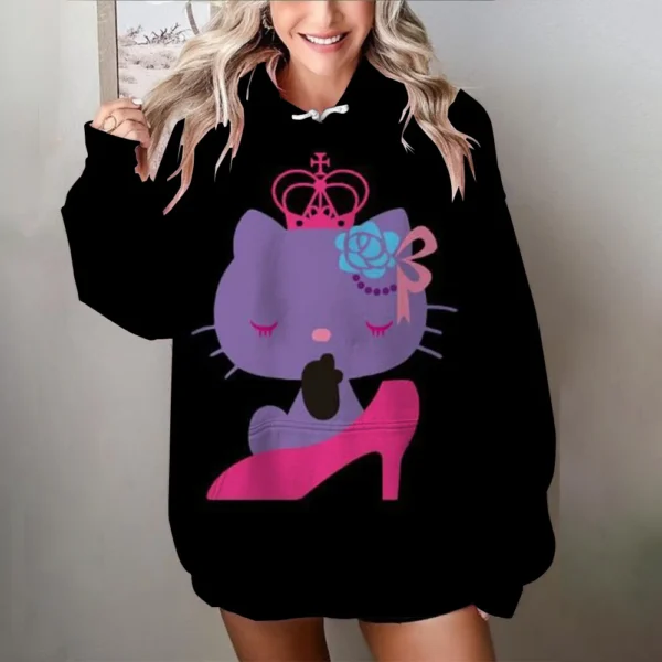 Women's black and white oversized Hello Kitty sweatshirt with long sleeves. Y2K style loose fit pullover top.
