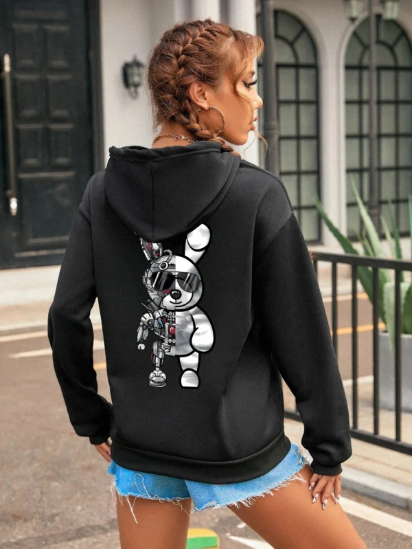 Women's Robot Rabbit Cartoon Print Fleece Hoodie