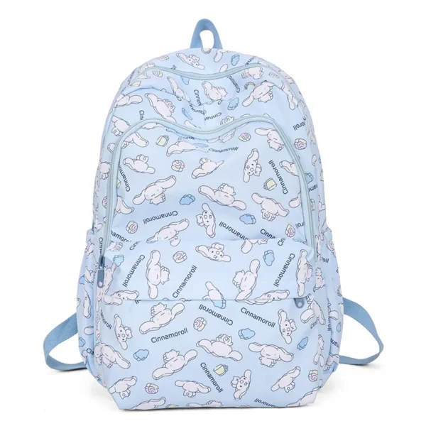 MINISO Sanrio kids school backpack featuring a cute pink and purple Kuromi and Cinnamoroll cartoon print design.