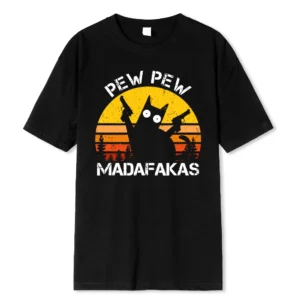 Men's t-shirt with funny graphic print: a cat holding two guns.