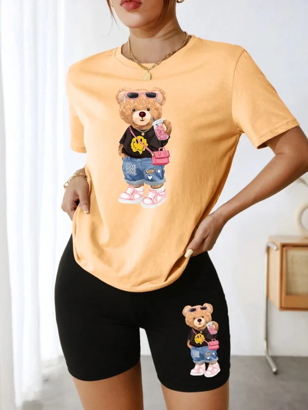 Women's bear & milk tea print t-shirt and shorts set - cute summer two piece outfit