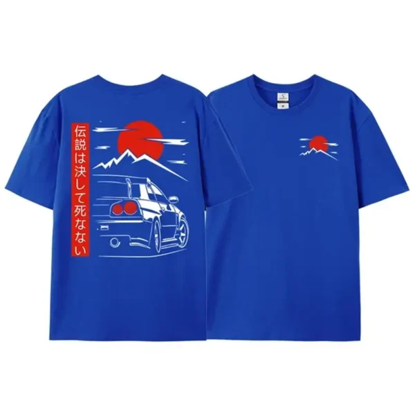 Back view of man wearing black GTR R34 JDM graphic t-shirt showcasing Japanese car culture design.