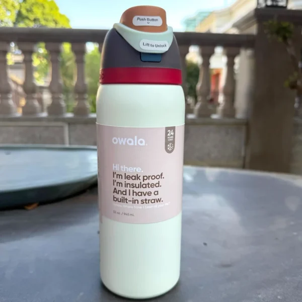 Owala FreeSip 24oz stainless steel water bottle with straw and carry loop.