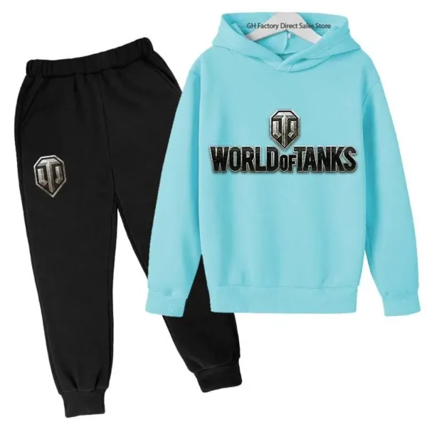 Kid wearing World of Tanks gaming tracksuit set with pullover hoodie and matching joggers - suitable for boys and girls.
