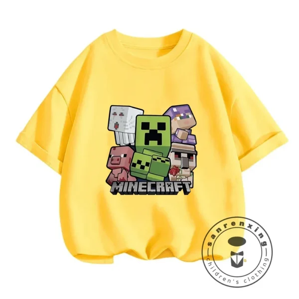 Young boy wearing a blue short-sleeve t-shirt with a large colourful graphic of the Minecraft character CatNap on the front.