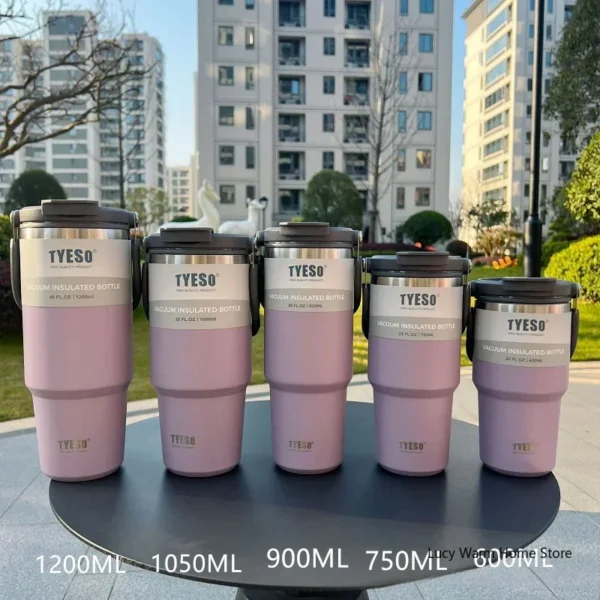 Tyeso vacuum insulated stainless steel travel mug for hot and cold drinks.