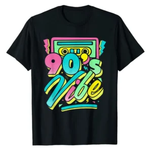 Person wearing a vintage-style graphic t-shirt with a colorful 90s theme print. Cotton blend O-neck casual tee.