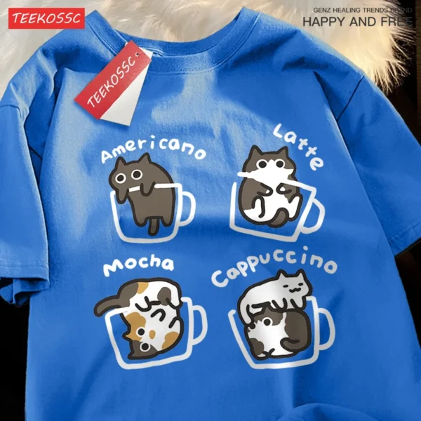 Mocha Latte Cat design printed on a soft cotton unisex t-shirt for cat and coffee lovers.