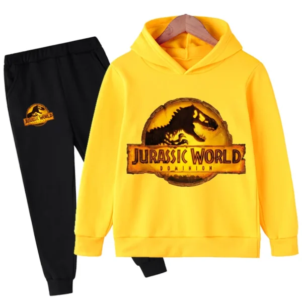 Child wearing fun dinosaur print hoodie and matching pants set - outfit for boys and girls.