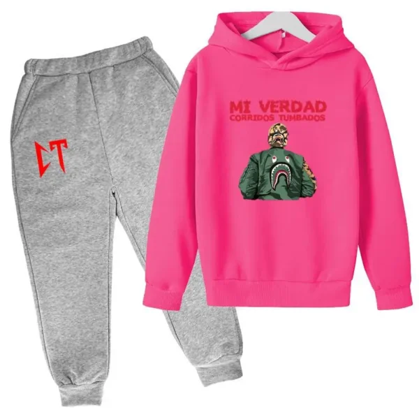 Kids unisex Corridos Tumbados print tracksuit set with pullover hoodie and pants - front view.