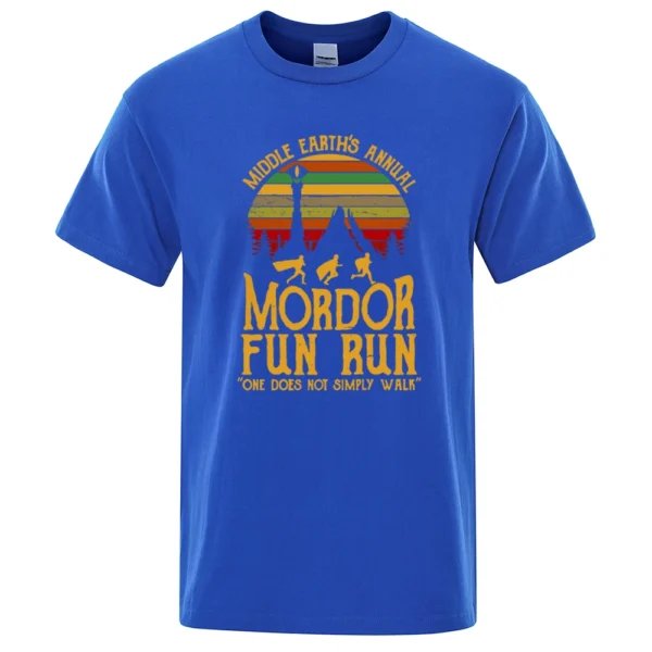 Black cotton t-shirt with white "Middle Earth's Annual Mordor Fun Run" graphic print. Funny LOTR parody design