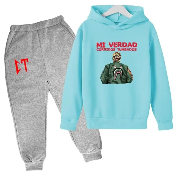 Kids unisex Corridos Tumbados print tracksuit set with pullover hoodie and pants - front view.