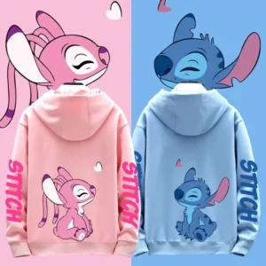 Couple wearing matching grey Disney Stitch pullover hoodies sweatshirt set - official licensed apparel.