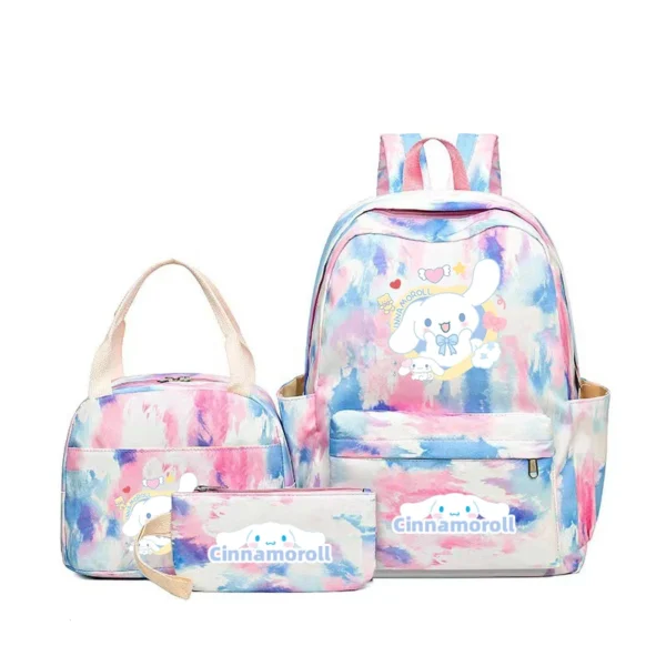 MINISO Kuromi and Cinnamoroll large capacity nylon backpack set with matching lunch bag and pencil case.