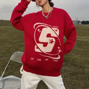 Retro letter print oversized sweater