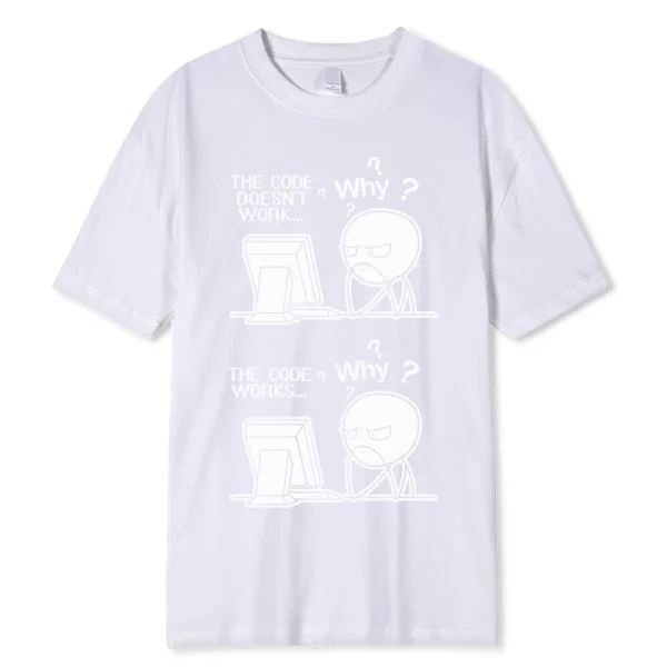 Funny "Code Works Why?" programmer t-shirt.