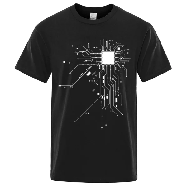 Men's cotton t-shirt featuring a detailed white CPU processor circuit diagram graphic on a dark background.