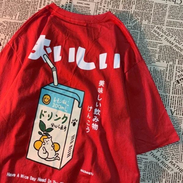 Oversized cotton t-shirt with a Japanese cat print graphic on the front