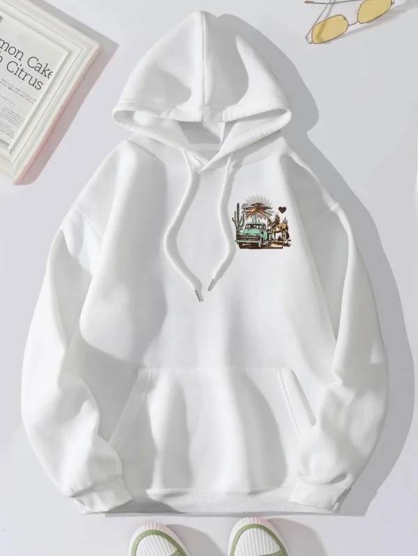 Women's casual streetwear hoodie with graphic print and warm faux fur lining - Autumn/Winter style. ```