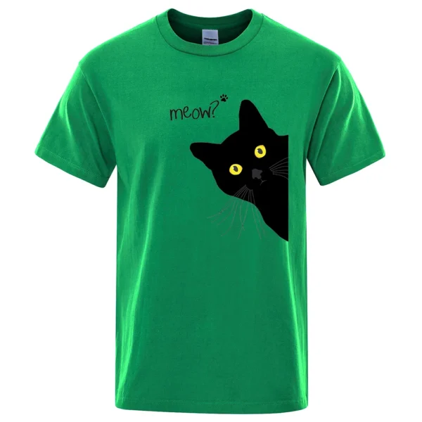 Men's oversized black cotton t-shirt with a funny cartoon black cat print and the word 'Meow'. Streetwear style.