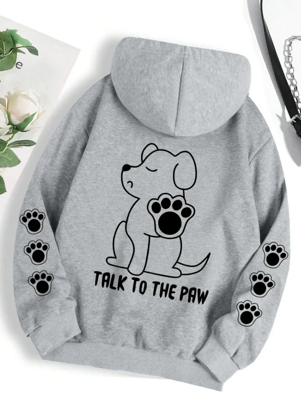 Grey pullover hoodie with warm fleece lining featuring a funny cartoon dog print that says "Talk To The Paw".