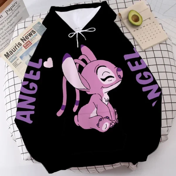 Disney hoodie featuring cute cartoon graphic of Stitch and Angel. Unisex pullover style with front pocket.