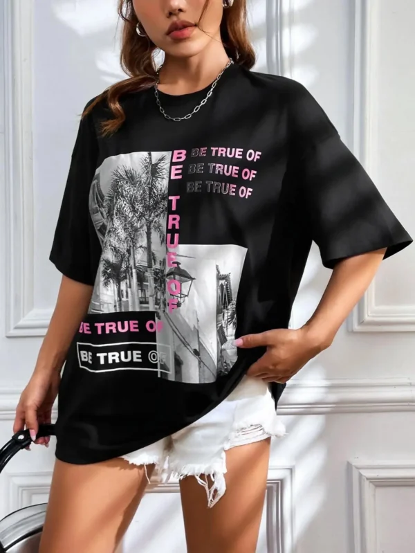 Women's cotton crew neck t-shirt featuring a graphic and letter print. Casual summer style