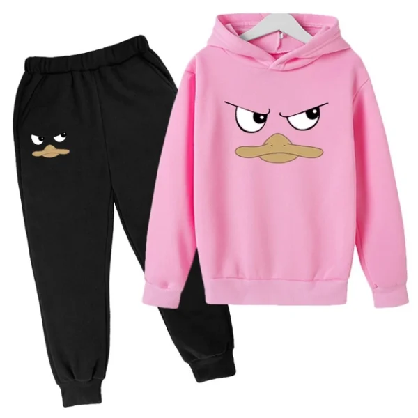 Kids unisex duck face print hoodie and pants tracksuit set for spring autumn wear ages 2-13.