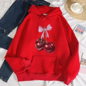 Women's Cherry Print Fleece Hoodie for Fall