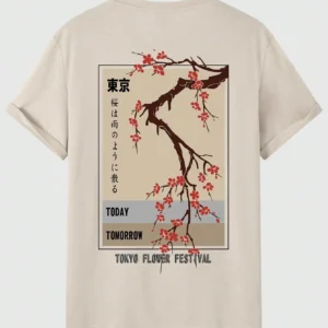 Men's O-neck cotton t-shirt featuring 'Tokyo Flower Festival' graphic print - summer streetwear style.