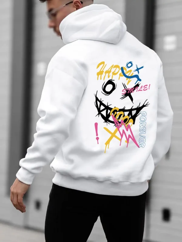 Men's colorful funny comic graphic print pullover hoodie with front pocket - soft autumn streetwear style.