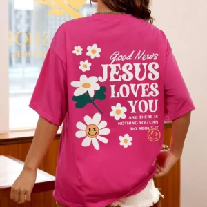 Woman wearing comfortable O-neck "Jesus Loves You" Christian graphic t-shirt for summer against a plain background.
