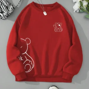 Women's retro beige fleece hoodie with a cute Kawaii teddy bear 'OK' print graphic on the front.