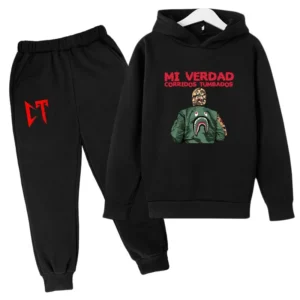 Kids unisex Corridos Tumbados print tracksuit set with pullover hoodie and pants - front view.