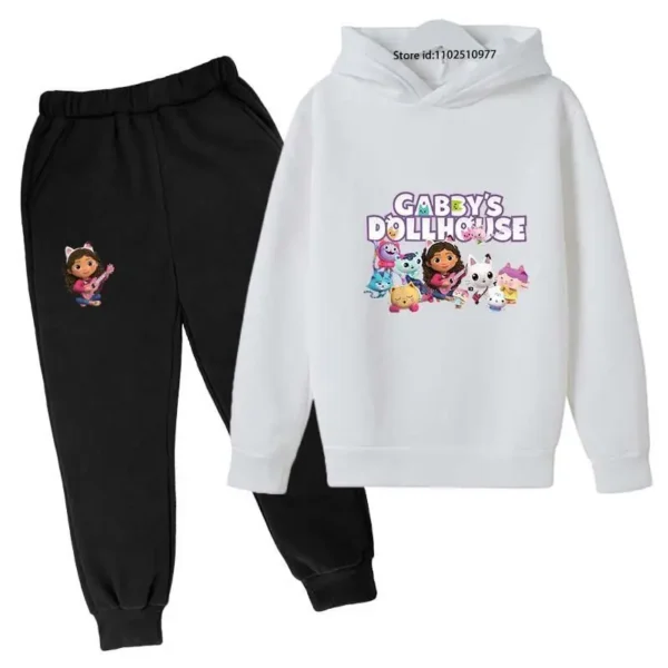 Gabby's Dollhouse kids tracksuit with colourful cartoon print hoodie and matching jogger pants for boys and girls ages 3-13.