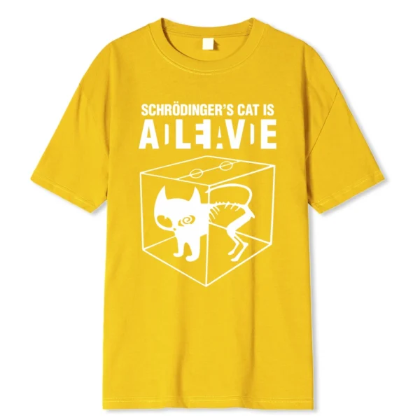 Men's black 100% cotton t-shirt with a white graphic print illustrating the Schrodinger's Cat thought experiment.