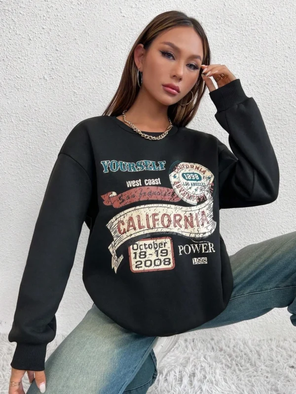 Women's loose fit fleece-lined hoodie sweatshirt with 'California Yourself' letter print on the front.