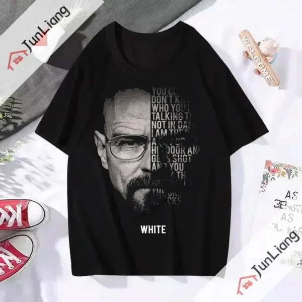 Men's black Breaking Bad t-shirt with white Heisenberg face sketch graphic on the front.