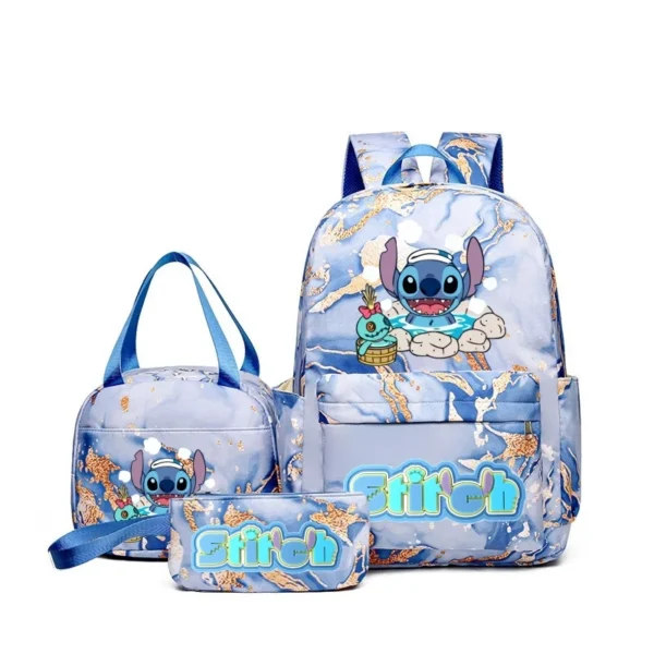 Stitch print 3-piece backpack set with matching tote bag and pencil pouch displayed together against a neutral background.