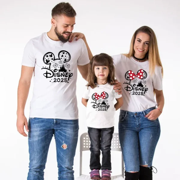 Family wearing matching Mickey and Minnie Mouse cotton shirts and baby romper for Disney trip.