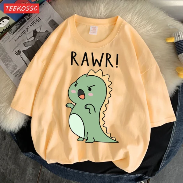 Women's regular fit short sleeve t-shirt with a fierce cartoon dinosaur print on the front.