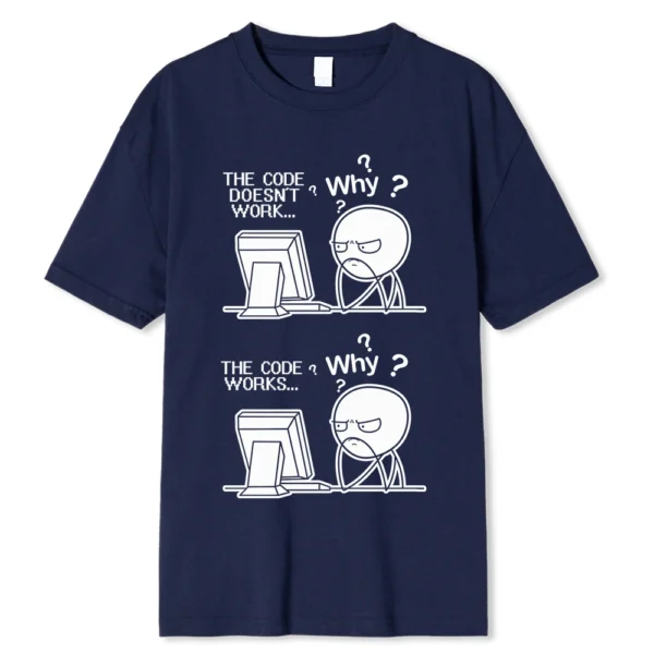 Funny "Code Works Why?" programmer t-shirt.