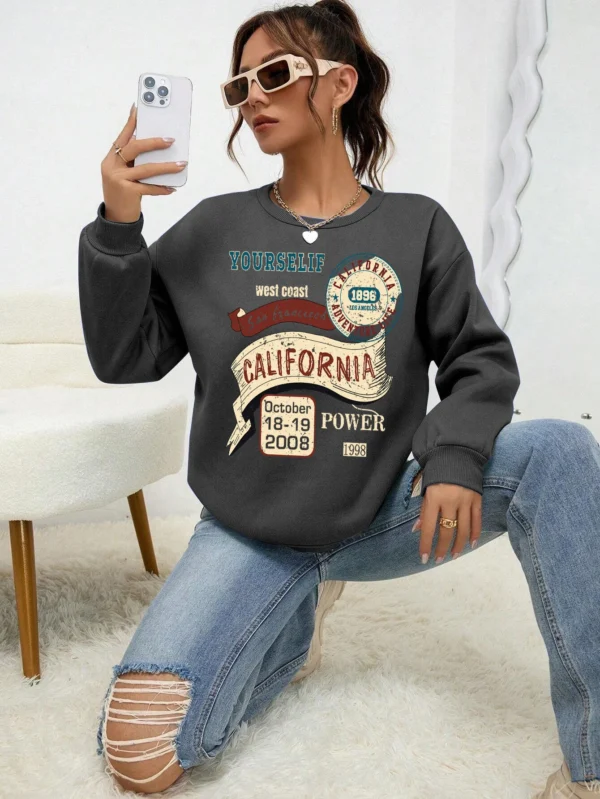 Women's loose fit fleece-lined hoodie sweatshirt with 'California Yourself' letter print on the front.