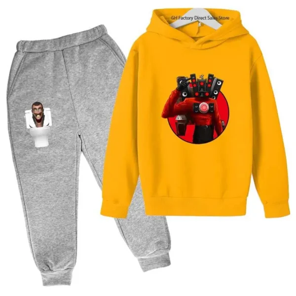 Kids Skibidi Toilet funny cartoon print hoodie and pants tracksuit set (ages 3-13) - front view. ```