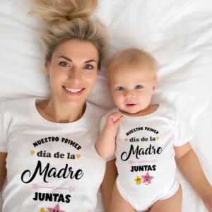 Mom and baby wearing matching white 'Our First Mother's Day' t-shirt and bodysuit outfit set.