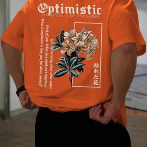 Men's oversized Harajuku t-shirt with 'Optimistic Strive' floral graphic print. Cotton material