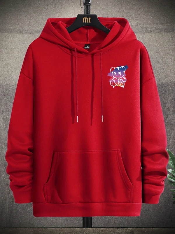 Men's black streetwear hoodie featuring a graphic print of a cool cartoon bear on the front. Pullover style with kangaroo pocket.